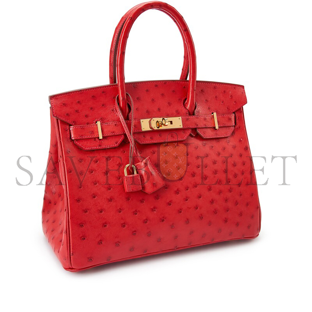 H**mes master birkin 30 ostrich leather red bag gold buckle h041933ck92 (30*22*16cm)